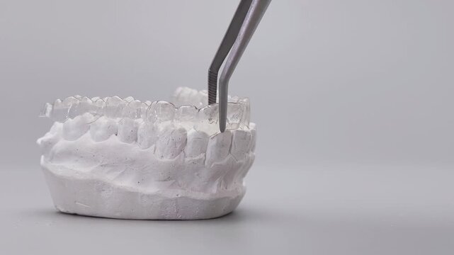 Placing clear orthodontic aligner on plaster dental model using tweezers. Invisible braces concept with copy space