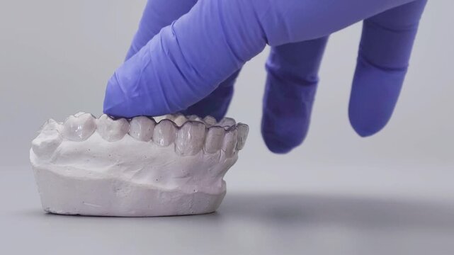 Dentist hand in blue glove fitting clear orthodontic aligner onto plaster dental model. Invisible braces concept with copy space