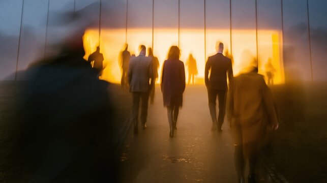 Group of people walking toward a glowing warm interior at twilight, creating a dramatic silhouette for concepts of career transition and guidance