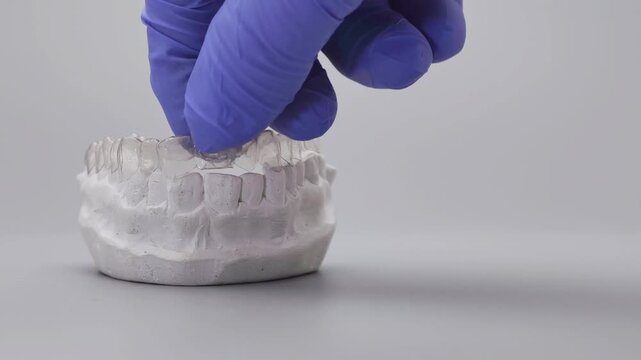Dentist hand in blue glove placing clear orthodontic aligner onto lower plaster dental model. Invisible braces concept with copy space