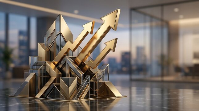 Abstract geometric growth concept with rising golden arrows and glass structures