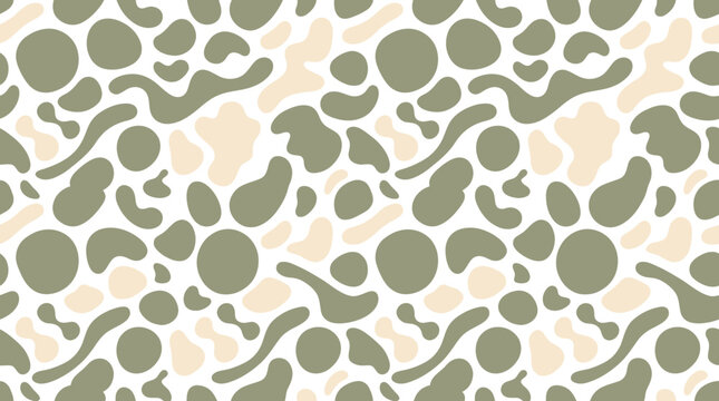 Seamless camouflage pattern with organic blob shapes in muted green and beige colors.
