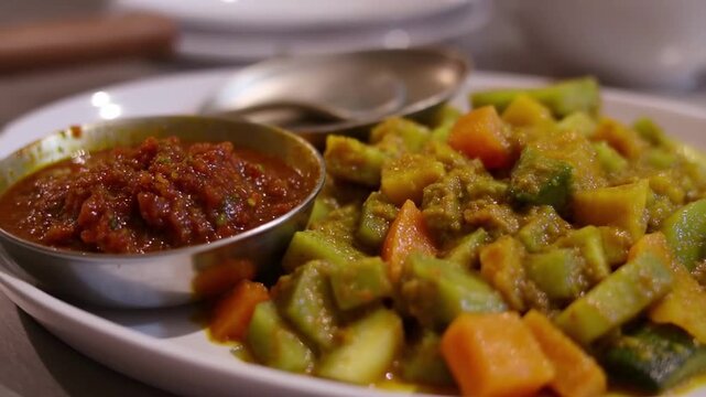 Vegetable curry with spicy tomato chutney served on a white plate for a traditional indian meal