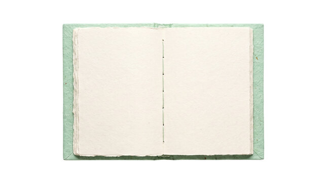 Open blank notebook with white pages and green cover.
