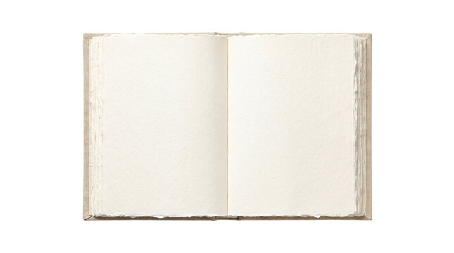 Blank open notebook with aged paper pages and rough edges.