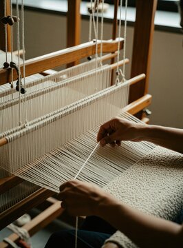 Man hands operate wooden loom to weave white cotton threads into fabric. Artisan creates textile craft on traditional machine. Person works with fiber tension on vintage frame to produce cloth items