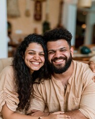 Fototapeta premium Enthusiastic young Indian couple smiling and leaning together in a cozy interior, showing warmth and cotton fabric textures for lifestyle and relationship concepts