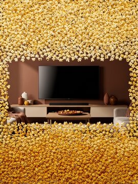 Roasted popcorn frame surrounding a television in a cozy living room, warm autumnal home cinema scene for streaming service and movie night advertising