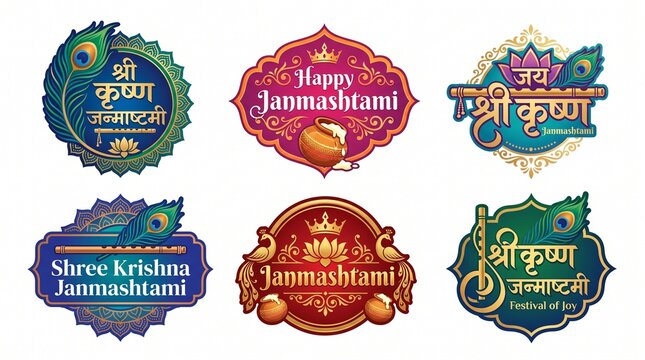 Happy Krishna Janmashtami Vector Logo Badges Set with Hindi Typography, Peacock Feather, Dahi Handi, and Flute Elements