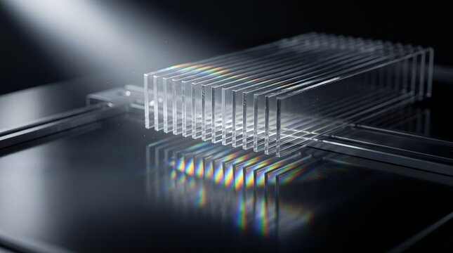Futuristic quantum processor chip, transparent glass microfluidic device with light refraction, advanced nanotechnology hardware for laboratory research