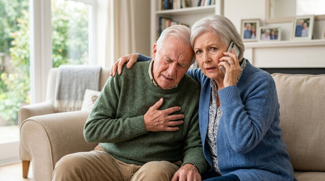Elderly Couple in Distress: Man with Chest Pains, Woman Calling for Help