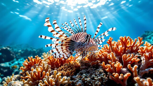 Lionfish swimming among vibrant coral reefs in clear ocean water