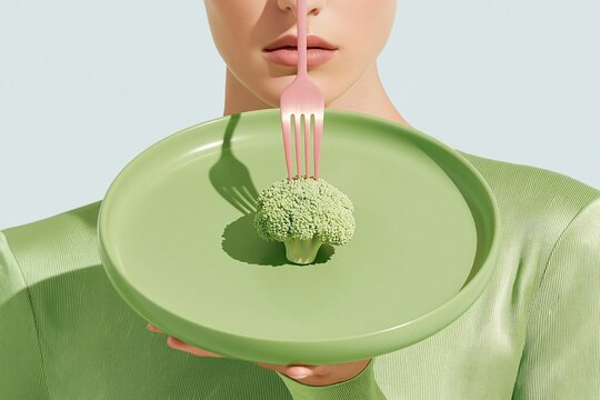 A glossy green plate held by a person with a single floret of broccoli, showcasing a clean minimalist aesthetic for portion control and healthy diet concepts