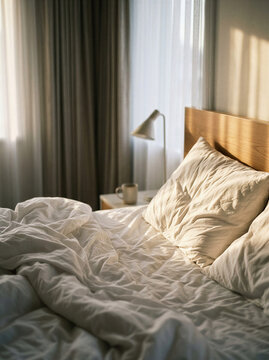Cozy bed with unruly white bedding in softly lit bedroom  