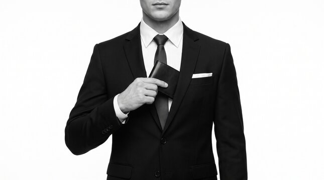 Businessman tucking wallet into suit jacket pocket