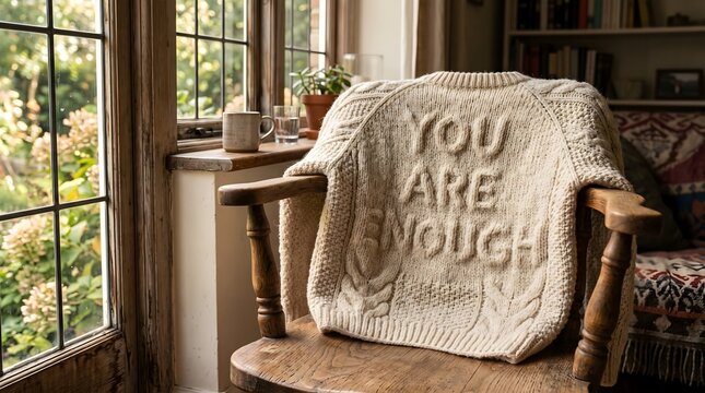 Cozy cream cable-knit sweater with 'YOU ARE ENOUGH' knitted message draped over a rustic wooden armchair in a sunlit interior, symbolizing self-worth and mental health.