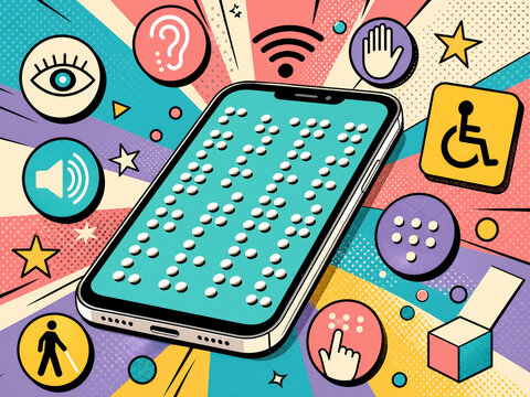 Retro pop art smartphone with tactile braille interface representing digital accessibility technology