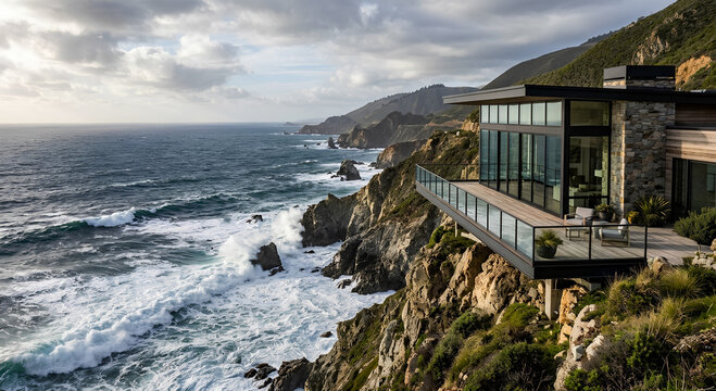 Aerial view of modern glass house on rocky coastline with ocean waves