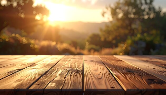 Wooden table top at sunset outdoors.