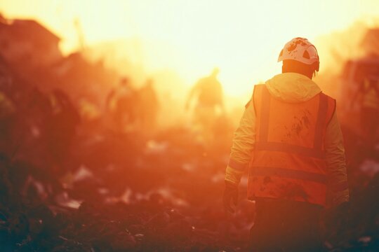 Disaster response worker in a hi-vis vest walking through rubble at sunset, a Resolute figure amidst dusty debris for humanitarian aid and emergency relief concepts
