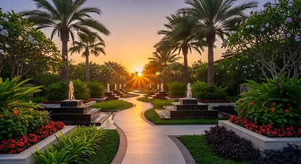 Fototapeta premium Scenic garden pathway with palm trees and fountains at sunset time