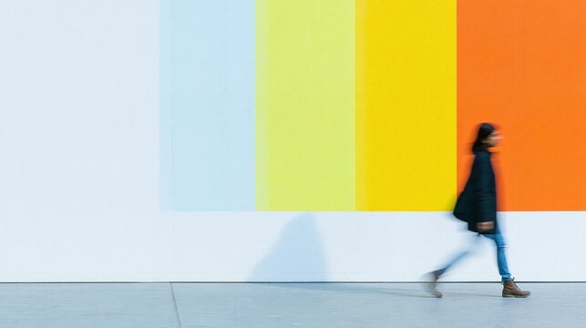Motion blur of a warehouse worker walking past a colorful safety wall with copy space for emergency preparedness and industrial logistics content