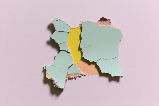 Mint green cracked plaster shards over a bright yellow void on pink paper, a brittle layered collage with torn edges for mixed media design and copy space