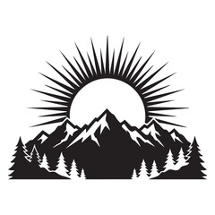 Fototapeta premium Mountain Range Silhouette with a Radiant Sunburst Above, Creating a Dramatic and Scenic Landscape Illustration.