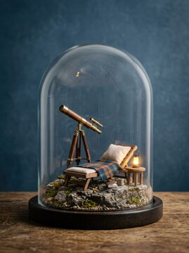 Glass dome enclosing a miniature stargazing retreat with a tiny telescope and lounge chair, glowing softly with warm light for hobby and relaxation concepts