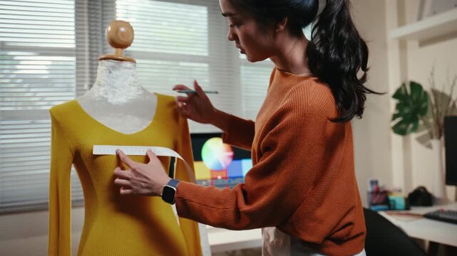 Young Asian woman tailor designing clothes in her workshop. Professional female creating a new collection for her online boutique store