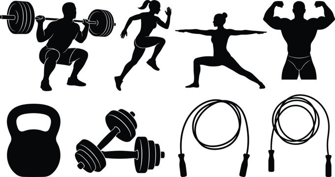 Fitness and bodybuilding workout vector icon set featuring weights barbell squat running woman yoga pose posing bodybuilder kettlebell dumbbells and jump rope silhouettes
