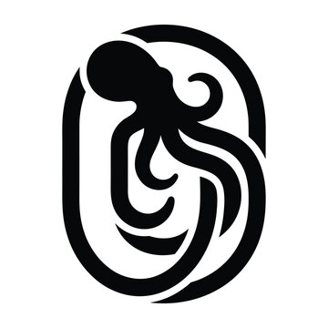 Minimalist octopus logo design, black kraken silhouette in oval frame, modern sea creature icon for seafood restaurant or nautical branding