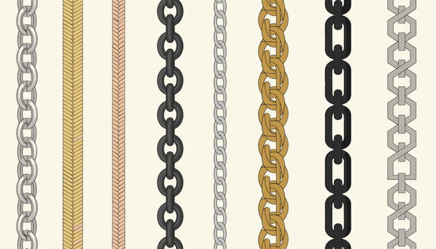 Collection of eight vertically oriented metallic jewelry chains of different styles, link patterns, and colors.