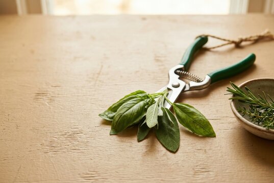 Garden scissors with blades made of soft green leaves resting on a warm textured surface for herb harvesting and horticultural satire
