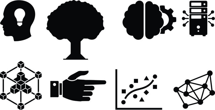 Machine learning and artificial intelligence icon set featuring human profile lightbulb tree brain gear server blockchain cube pointing hand scatter plot chart and neural network silhouettes