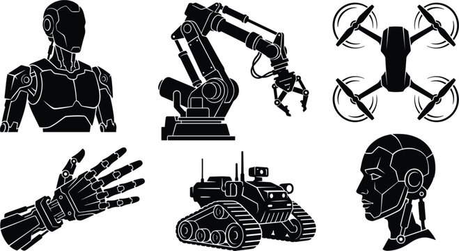 Robotics and advanced automation vector icons set featuring humanoid robot cyborg head mechanical industrial arm drone rover tank and bionic hand silhouettes