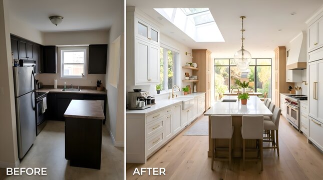 Kitchen renovation before and after: dark to bright, modern, white, spacious