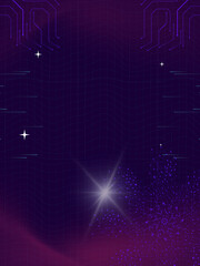 Fototapeta premium Futuristic purple gradient background with glowing central star circuit details subtle grid texture and scattered particles creating a sleek cosmic technology wallpaper with spacious copy area
