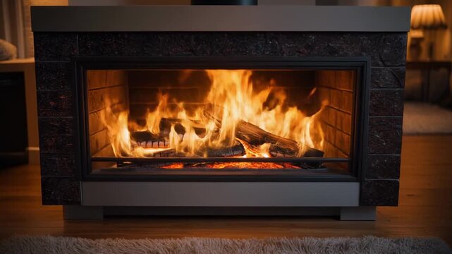 cozy fireplace burning with golden embers in stone hearth