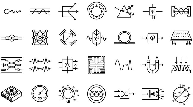 Quantum physics and optical engineering icon set for educational materials.