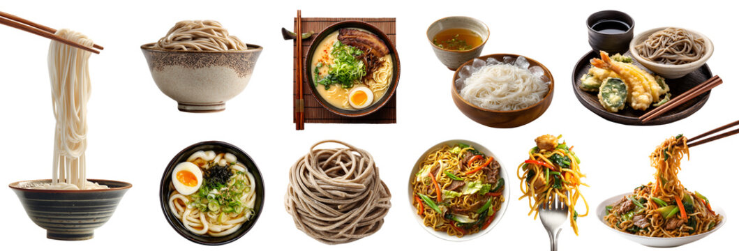 Set of japanese noodles, Somen ramen Udon Soba Yakisoba, with ingredients tempura, dipping sauce, fork chopstick, uncooked cook dry soup, transparent cutout PNG Mockup
