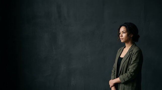 Thoughtful young woman in blazer standing against dark textured wall