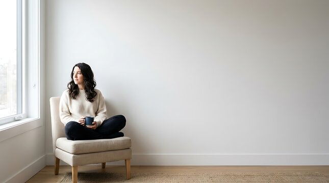 Pensive woman sitting in an armchair by a window with copy space