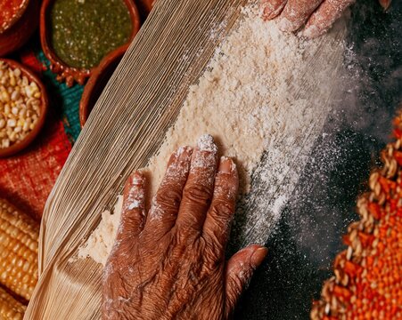 Mexican womans hands pressing masa onto a corn husk for tamales, flour-dusted and weathered fingers preparing authentic Latin food for Hispanic Heritage Month