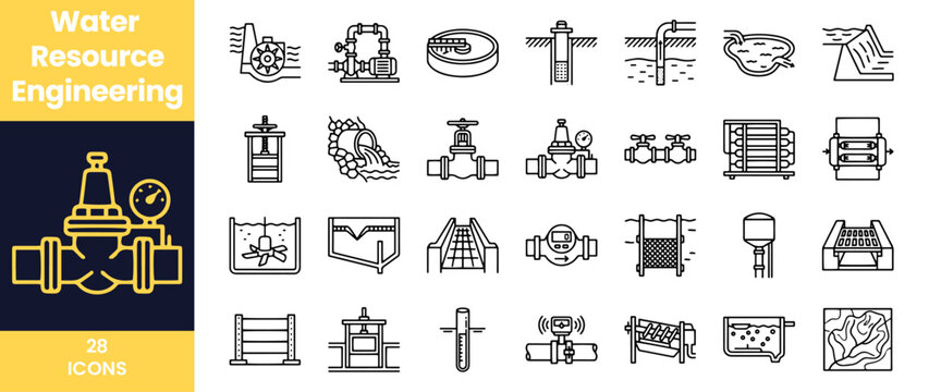 Industrial water treatment and management icon set for technical diagrams.