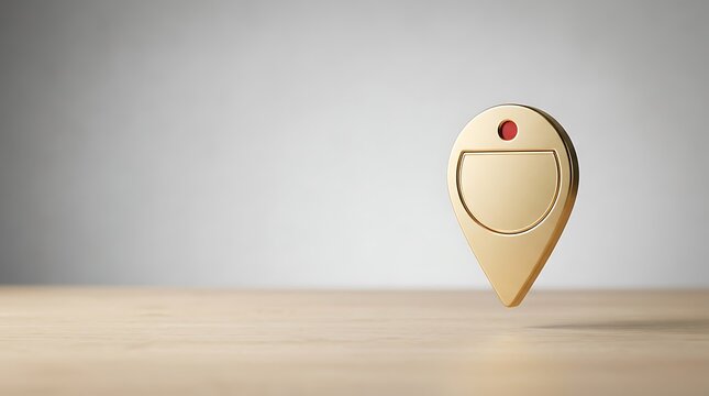 Gold map pin icon floating above a wooden surface