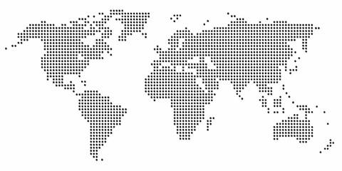 world map silhouette created from black dots on white background geography global continents oceans cartography vector graphic design pattern modern © Ranajit