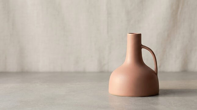 Modern matte pink ceramic jug vase on a neutral stone surface