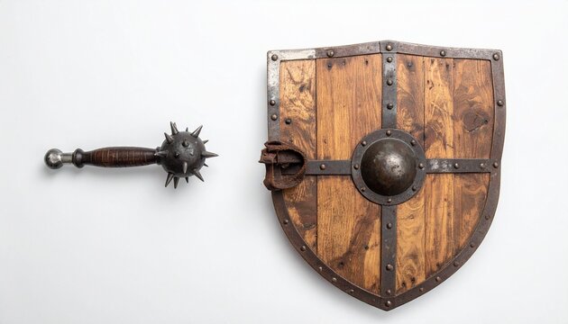 Wooden shield and spiked mace on gray background symbolizing medieval strength, defense, and craftsmanship.