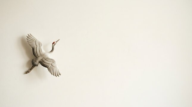 Elegant crane bird figurine in flight over minimalist background